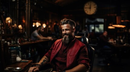 Fototapeta premium Confident Man with Stylish Beard in Barbershop Interior