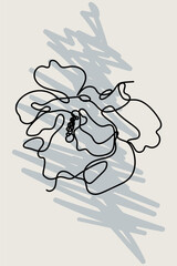 Abstract minimalist card with one continuous line bloom. Neutral earthy floral poster with black linear flower and geometric shapes.