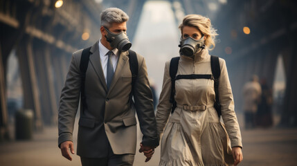 Fototapeta premium Couple Walking Near Eiffel Tower Wearing Gas Masks in a Post-Apocalyptic Setting