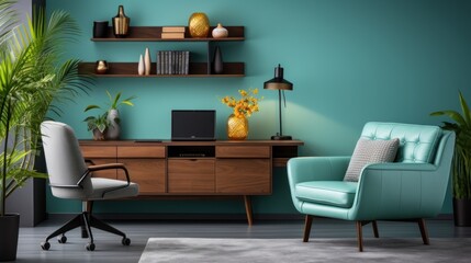 Stylish Cyan Living Room Interior with Desk and Modern Furniture