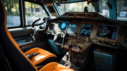 Empty Train Cabin with Advanced Control Panels and Comfortable Seats