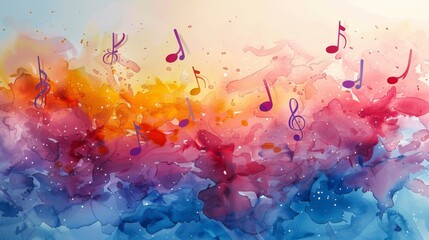 Background of watercolor musical notes with colorful abstracts.