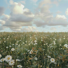 Chamomile field, agricultural land planted with chamomile, view at sunset