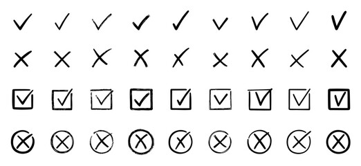 Check marks doodle set. Checkbox, checklist, tick and cross signs, v and x in sketch style. Hand drawn vector illustration isolated on white background