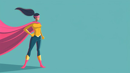 Beautiful illustration showing a woman dressed as a superhero - concept of girl power, great mom, working woman. on a blue background
