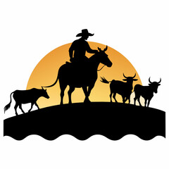 A vector silhouette of a working ranch cowboy on horse herding texas longhorn cows down a hill