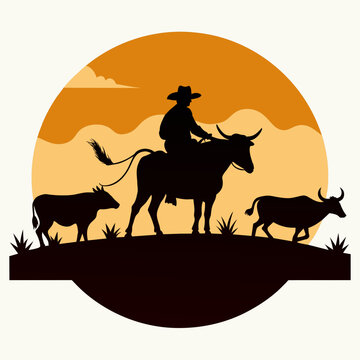 recommend clip art: A vector silhouette of a working ranch cowboy on horse herding texas longhorn cows down a hill