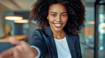 Confident young woman offering a handshake in an office setting. Professional attire and friendly demeanor. Business meeting invitation. AI - Powered by Adobe