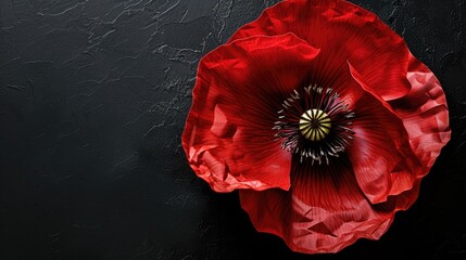 Stylized red poppy flower on black background. Remembrance Day, Armistice Day, Anzac day symbol