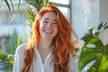 Fototapeta premium close-up portrait of a beautiful young woman with long flowing red hair on a white background. cute woman laughing cheerfully with blurred home plants in the background