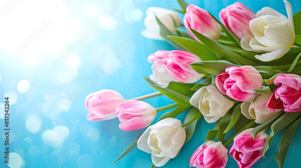 Sticker Vibrant Pink and White Tulips Against a Blue Sky, Spring Bloom Concept, Perfect for Greeting Cards and Invitations. Fresh Floral Background with Sunlight. AI