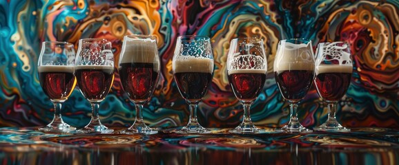 Fototapeta premium Beer Glasses, Bold Hues, Swirling Textures, International Beer Day Background