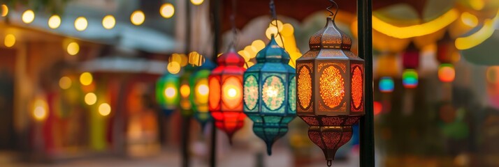 Vibrant Moroccan-style hanging lanterns glow against a twilight sky backdrop