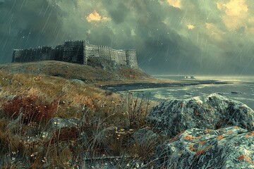 Stormy Skies over Wood Fortress: Detailed Digital Painting of Vast Terrain