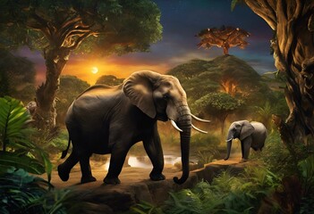 AI generated illustration of two elephants strolling on jungle path beside trees