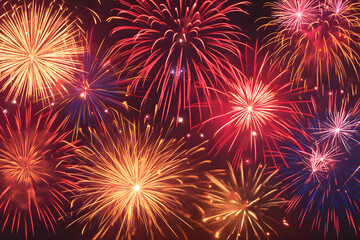 Obraz premium Festive fireworks at sky background for Independence Day in USA, Bastille Day, New Year and Christmas greeting and invitation postcard design.