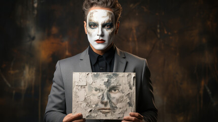 Businessman Holding Artwork With Dramatic Face Painting in Dark Atmosphere