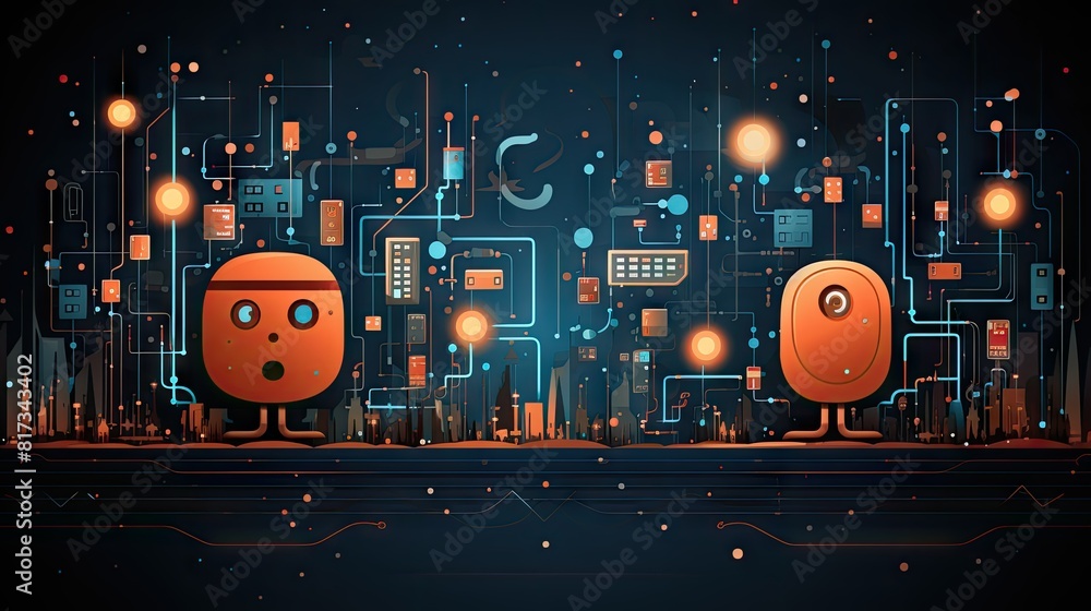 Poster futuristic ai bots communicating in a high-tech digital circuit environment