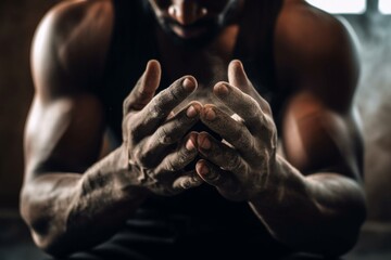 Close up of unrecognizable athlete preparing his hands with powder. Close up of unrecognizable black athlete clapping his hands with powder while preparing for sports training in a gym