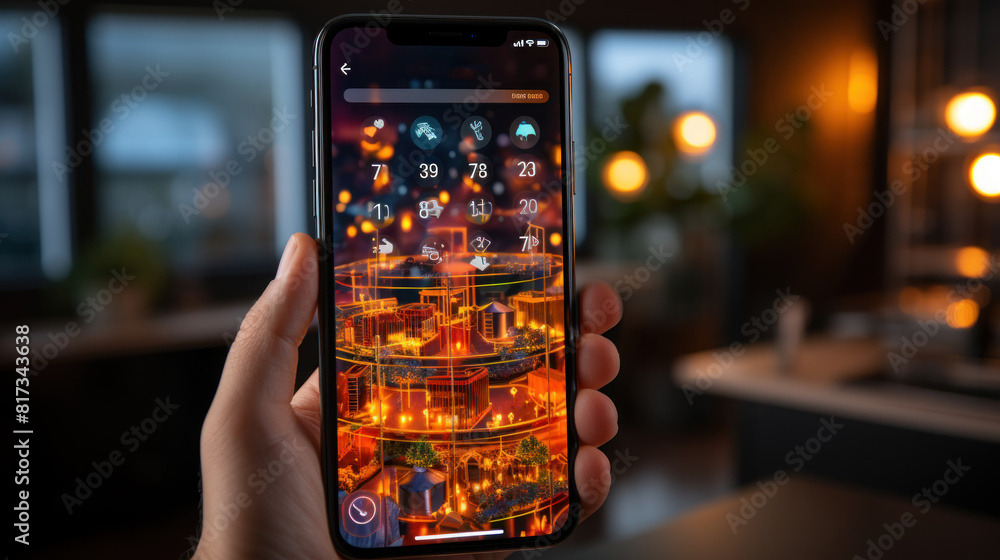 Poster controlling home heating temperature with a smart device in a modern apartment