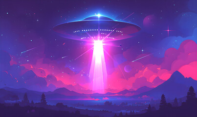 Unidentified flying object. Night landscape. World UFO day illustration. Neon illustration with unidentified object.