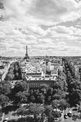 Black and White Cityscape View of Paris, France from the Arc de Triomphe on a Sunny Day with Beautiful Clouds