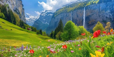 A green landscape in Switzerland surrounded with colourful flowers and waterfalls