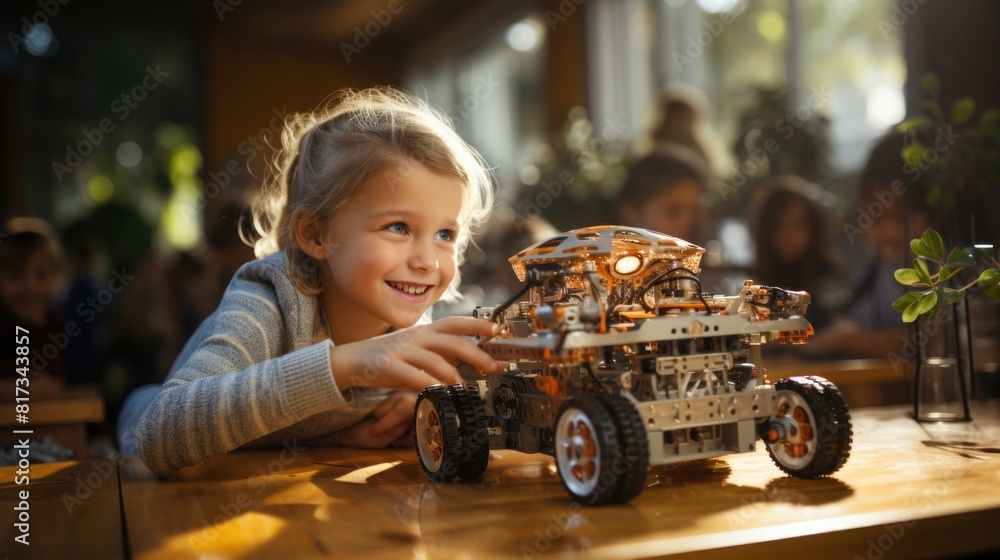 Poster excited child learning robotics in classroom with educational robot