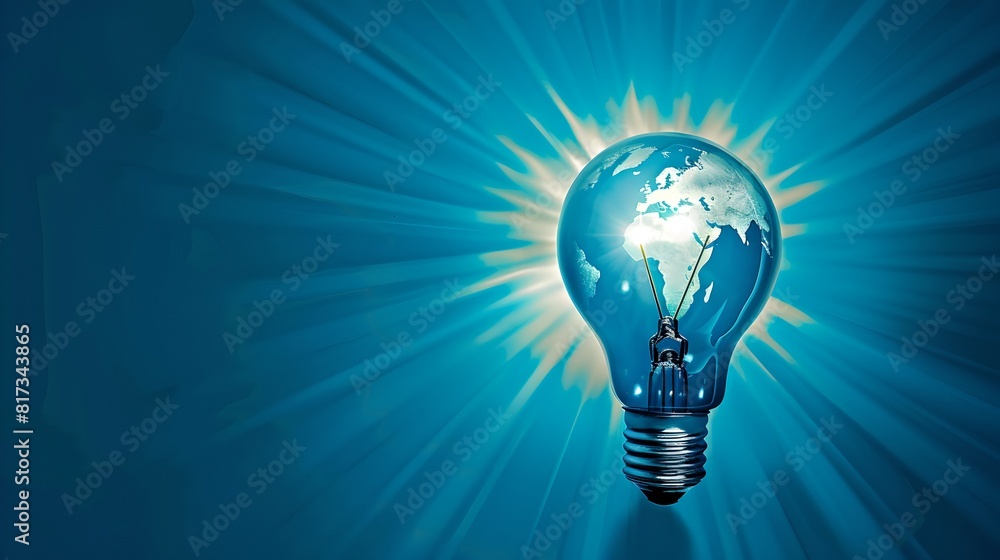 Poster Illuminated light bulb with world map overlay. Concept of global ideas, innovation, and ecology. Simple, bright, eco-friendly design. AI