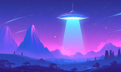 Fototapeta premium Unidentified flying object. Night landscape. World UFO day illustration. Neon landscape with UFO.