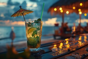 drinks with blur beach and sunset in background