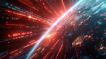 Fototapeta premium Digital globe spins out of control, global network and overwhelming connectivity across Earth. Data transfer speeds, fueling a frenzy of business transactions