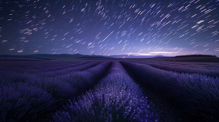 Lavender field under a starry sky at night