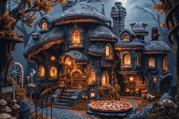 Fototapeta premium Whimsical Circus Scene: Massive Pizza, Spooky Creatures, Mysterious Night Sky
