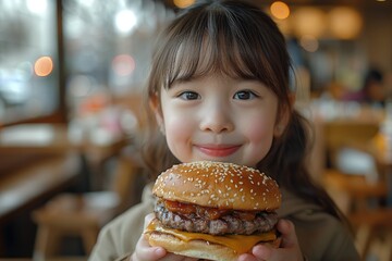 Little asian girl eating hamburger in coffee shop, shallow depth of field.