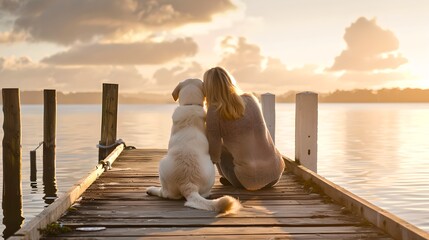 Serene sunset scene with woman and dog sitting on a dock. Peaceful companionship in nature's beauty. Calming waters reflecting light. AI