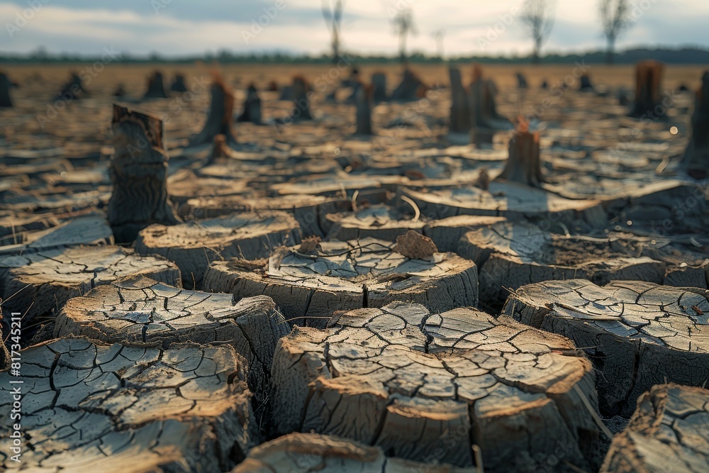 Poster stump from felled tree in drought concept. record summer heat. background of the consequences of env
