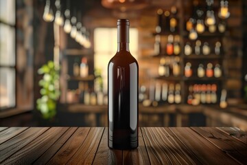Obraz premium A bottle of wine is sitting on a wooden table in a dimly lit bar