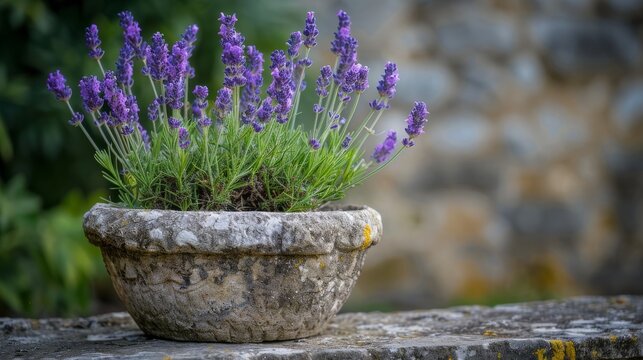 Lavender flowers in a stone pot for a romantic or natural design