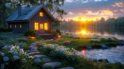 A small cabin is set on the shore of a lake.