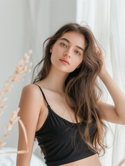 Naklejka premium photo of a beautiful woman in a delicate black bodysuit with a light background