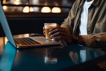Close up photo of unrecognizable African-American man hands typing homework on his laptop keyboard and holding glass of iced coffee while sitting in a coffee shop