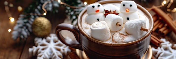 Hot chocolate in a brown mug topped with marshmallows shaped like snowmen, surrounded by holiday treats