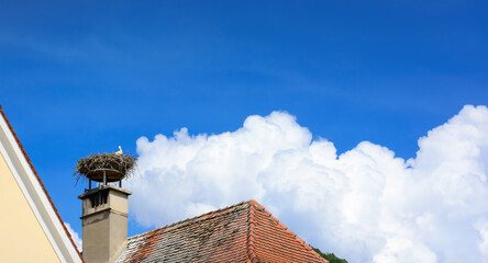 Background with a stork in a nest on the roof and a blue sky with a cloud
