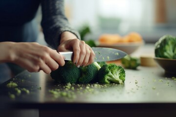 close up photo of woman hands cutting broccoli and making healthy meal at home - Powered by Adobe
