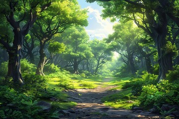 Obraz premium Enchanted Twilight: Cartoon-style Forest Artwork with Spooky Ambiance and Vivid Cell-Shaded Hues