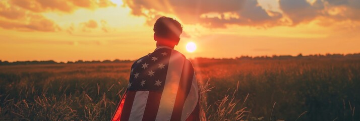 A silhouette of a person draped in the American flag, standing in a field during a glowing sunset