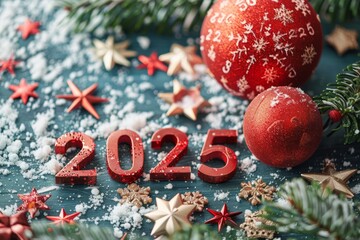 Numbers 2025, christmas concept. Backdrop with selective focus and copy space