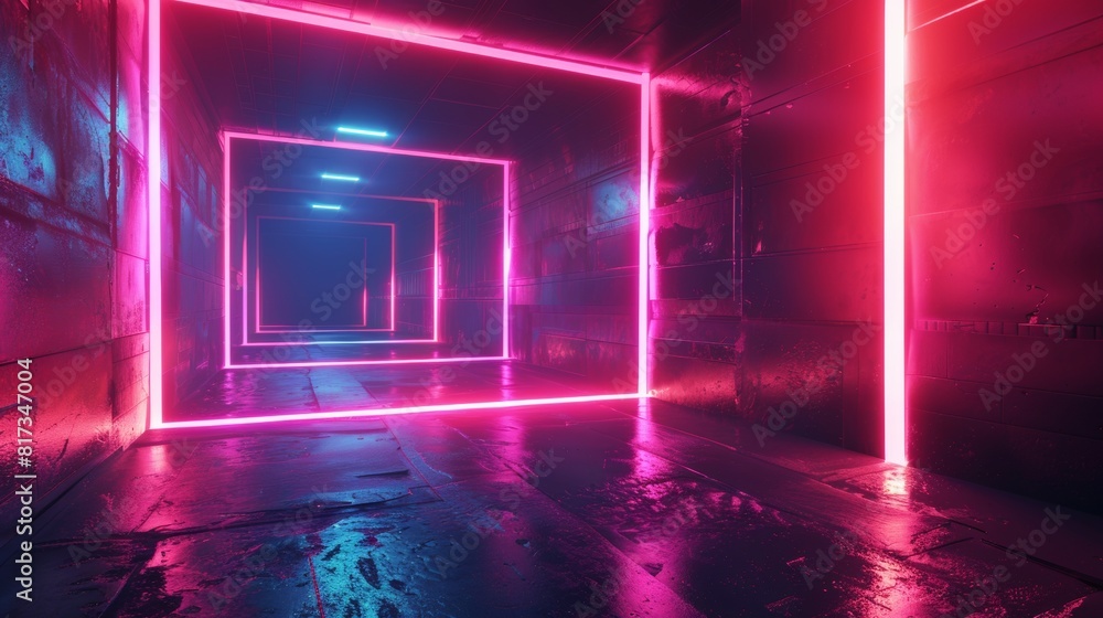 Poster looping 3d animation of a colorful neon tunnel with mirrored walls