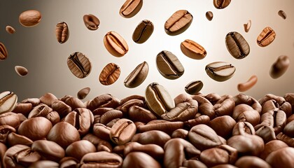 Obraz premium Floating Coffee Beans Over Roasted Pile
